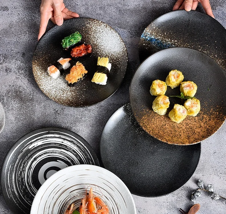 Japanese Retro Custom Dinner Porcelain Dinnerware Brown Ceramic Dessert Plate Pottery Dish Plate Sets For Wedding Party