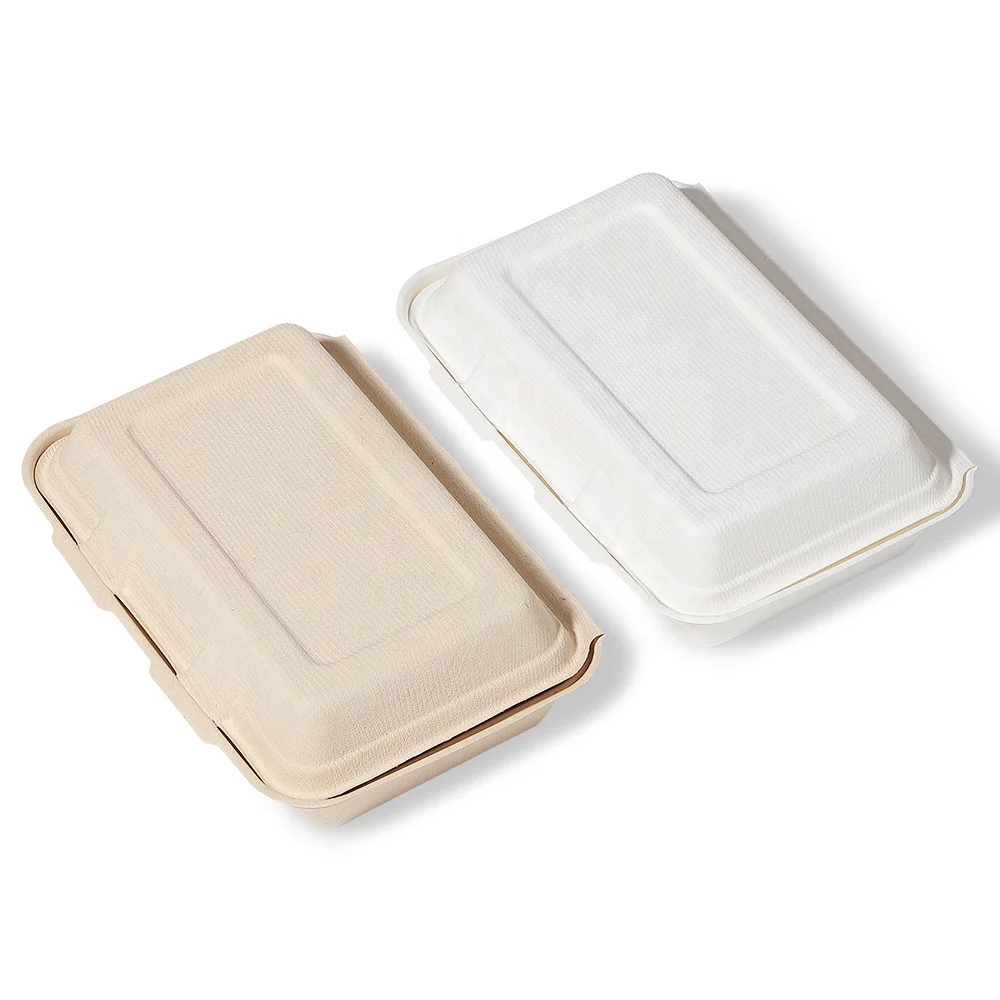 Custom logo restaurant takeaway microwave safe food grade 2 compartment bento box Bagasse Clamshell