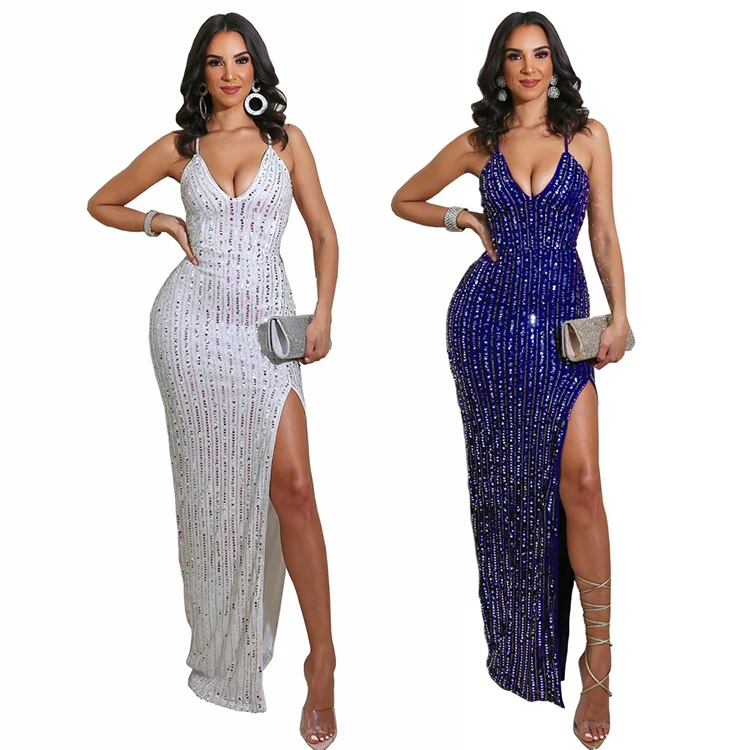 Party club split sleeveless spaghetti strap backless prom gowns for women evening dresses