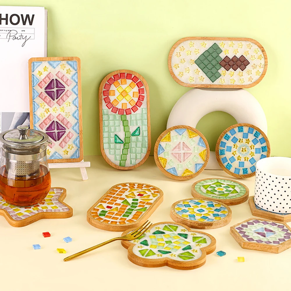 Handmade DIY Material Bamboo Creative Art and Craft Glass Mosaic Tiles Coaster Craft Kit With Wooden Mold