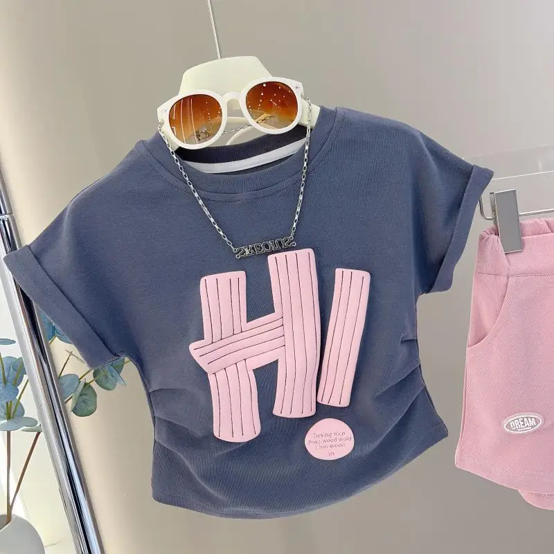 Ms-403 New Fashion 2024 Girls Tops and T Shirt Summer Printed Children Kids Graphic T Shirts Short Sleeve Round Neck