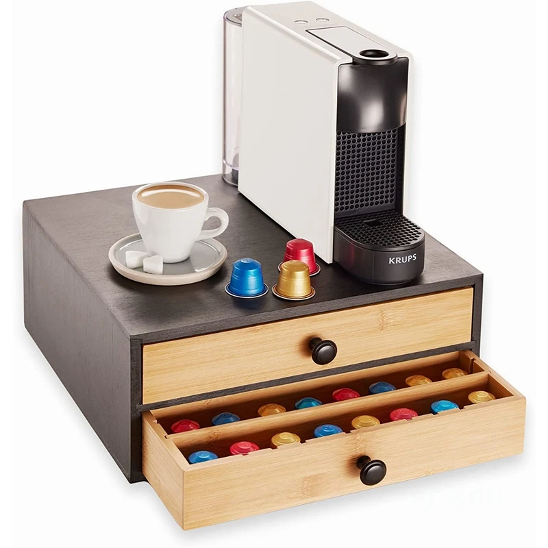 Coffee Capsule Holder with 2 Drawers Bamboo Coffee Pod Storage Compatible with K-Cups Capsules and Pods Drawer Organizer