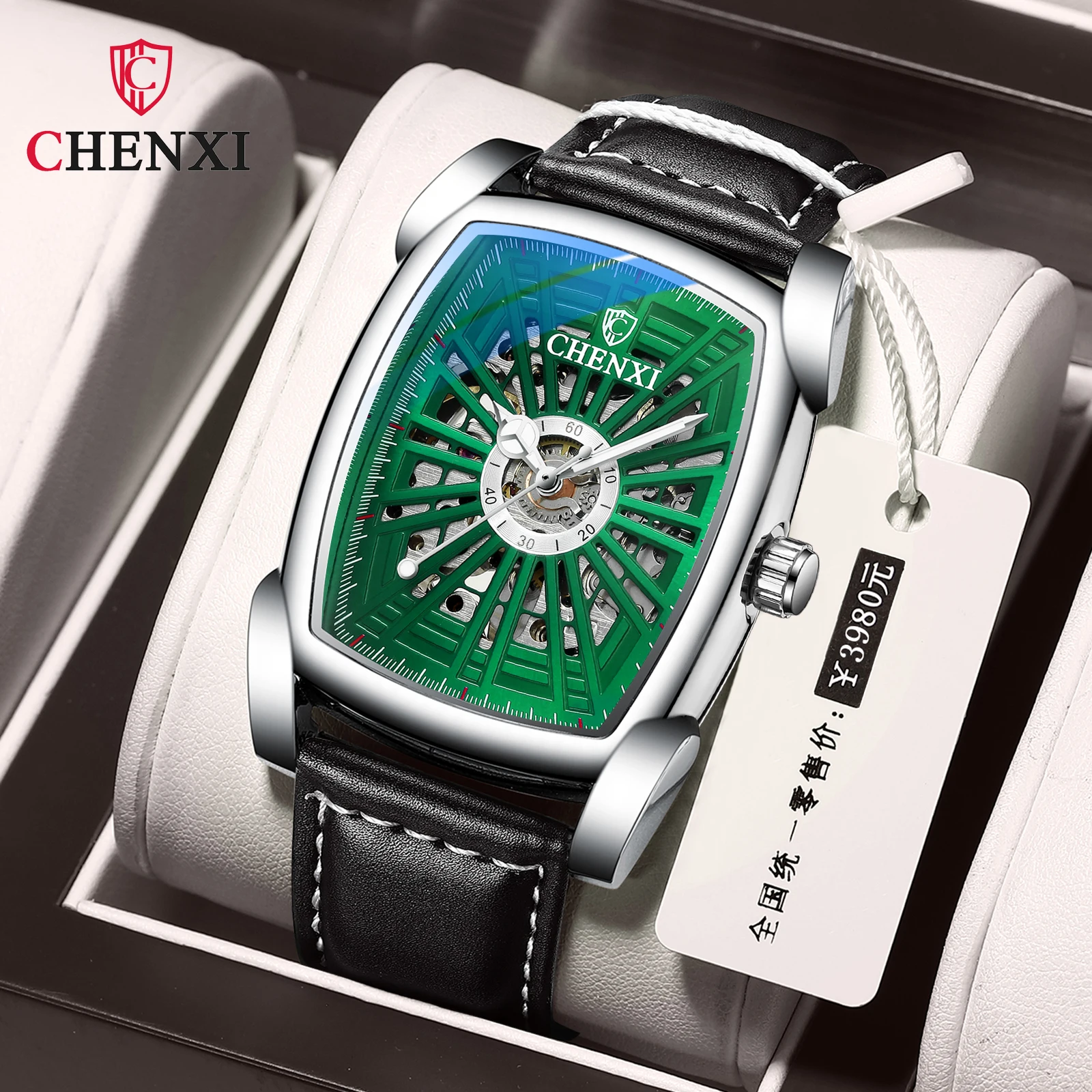 Зеленые Механические Мужские часы-скелетоны CHENXI 8809 высококачественные роскошные спортивные мужские автоматические часы с ремешком Лидер
