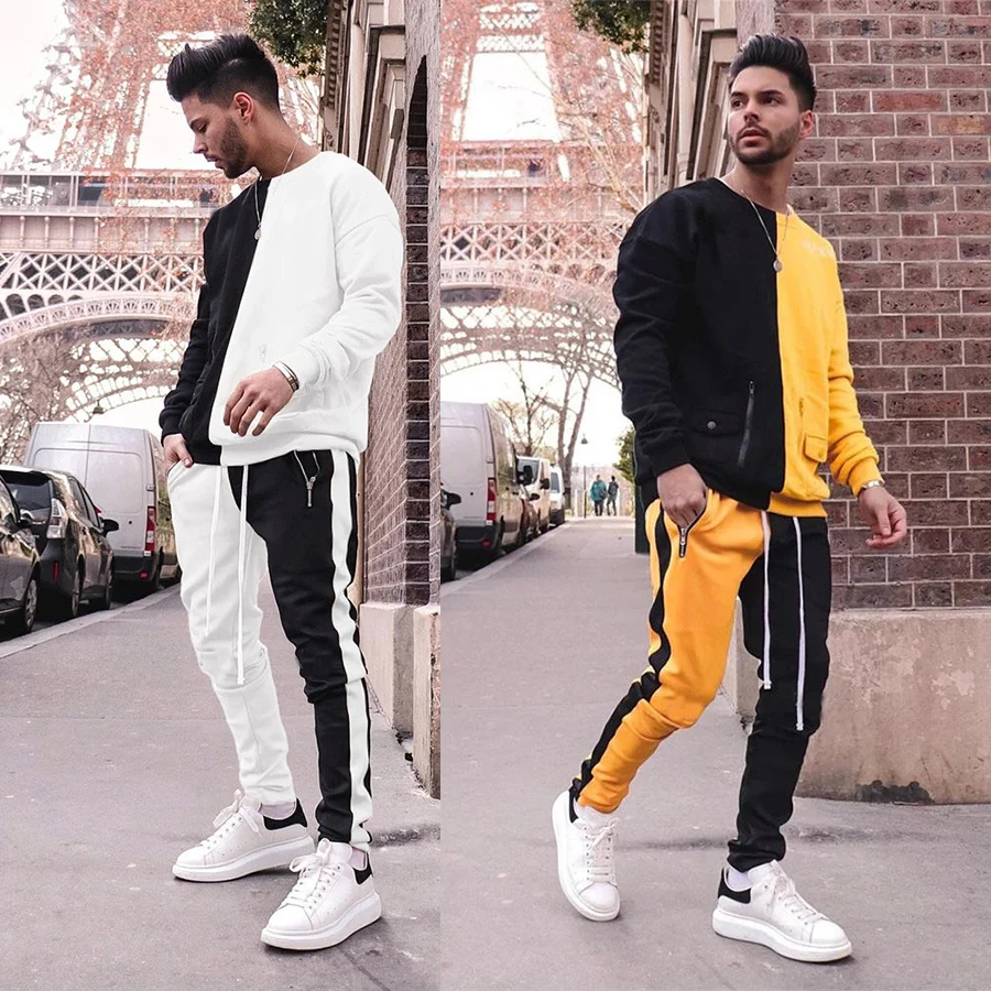 hot sale high quality men fashion streetwear color block crew neck pullover sweatsuit tracksuit tracks sweat suits