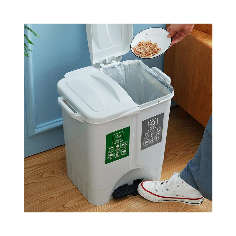 Kichtin Kitchen White Double Two Sided Dual Classified Sorting Dustbins Indoor Waste Sorting Rubbish Bins With Trash Can Bag Lid