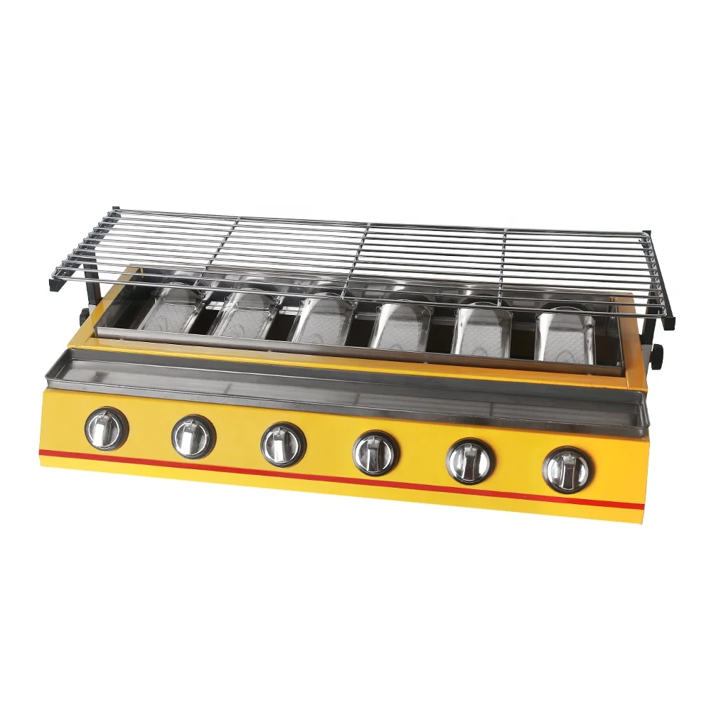 GZKITCHEN Commercial 6 Burners LPG Gas BBQ Outdoor Picnic Barbecue Cooker Glass/Stainless Steel Cover Smokeless Home Garden