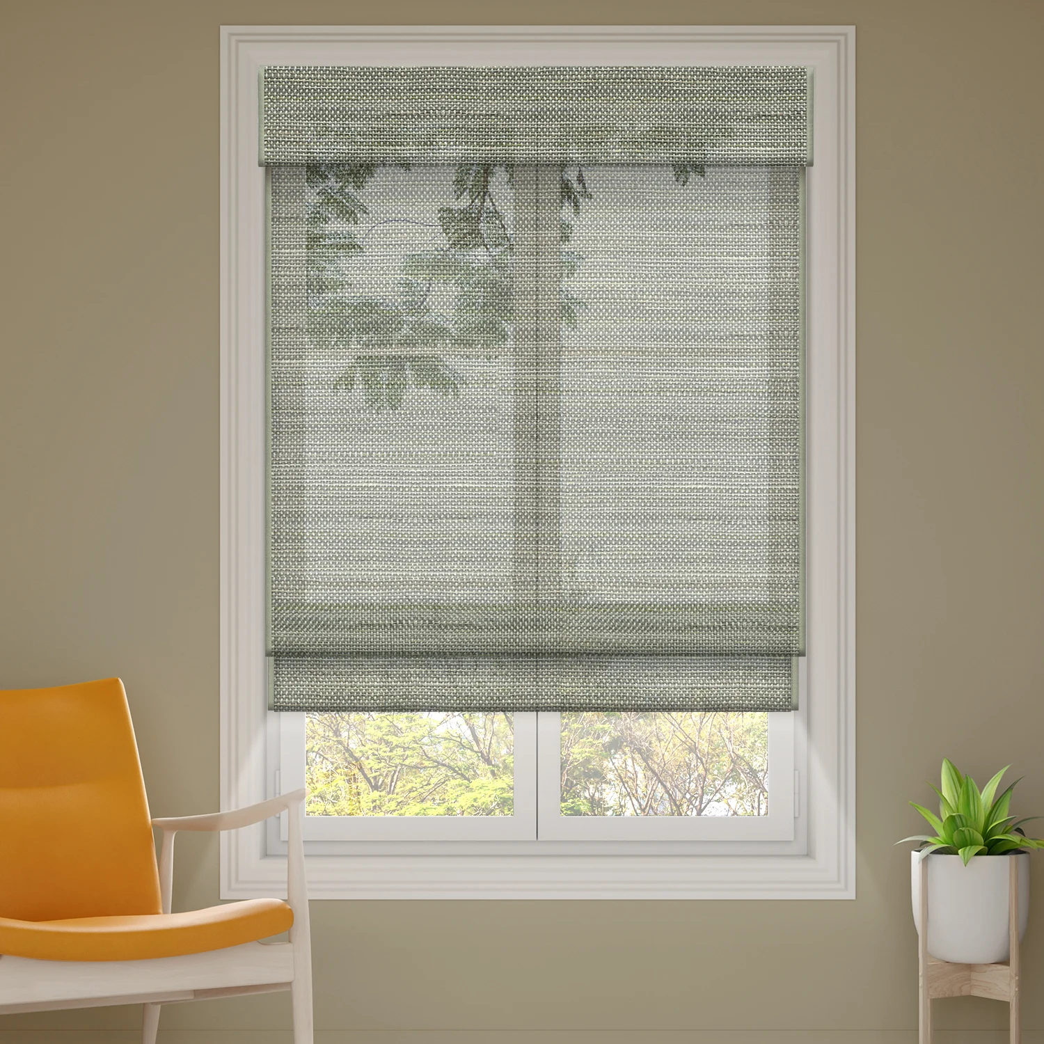 Deyi Smart cordless natural grass bamboo jute ramie yarn no backing see through woven wood motorized smart roman shades
