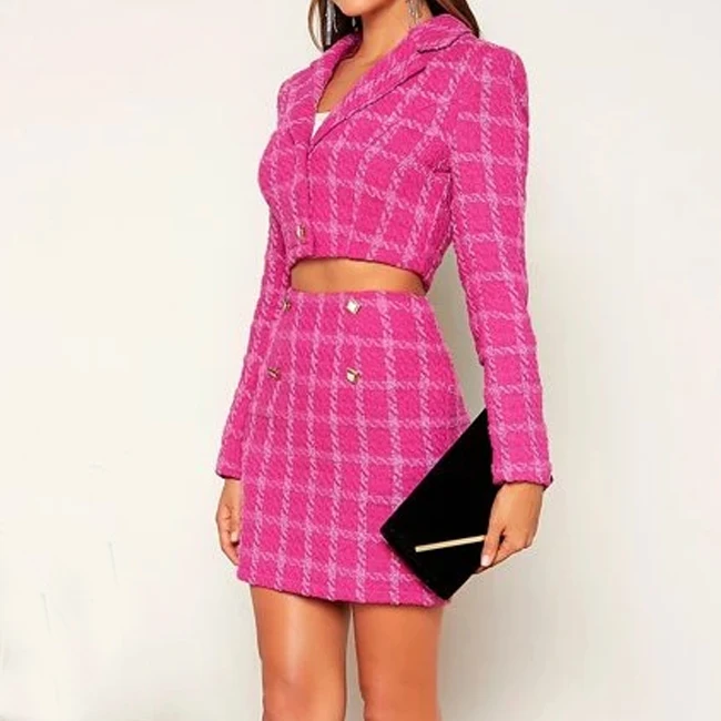Custom High Quality Women Fashion Casual Plaid Cropped Tweed Blazer And Mini Skirt Two Piece Set