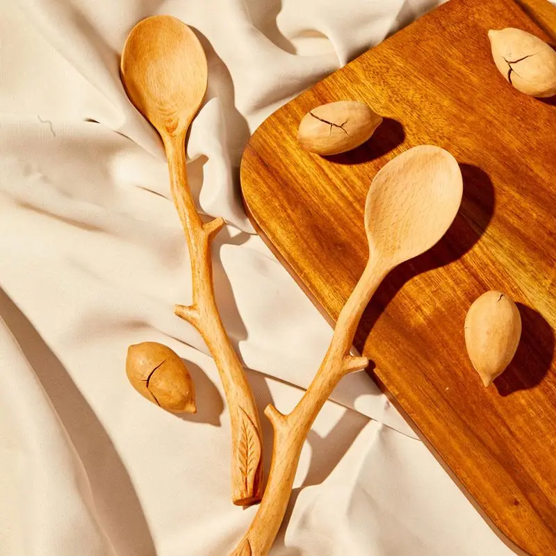 Wooden Long Handle Spoons Twig-shaped Stirring Coffee Dessert Soup Spoons Novelty Ladle Spoon for Mixing Stirrer