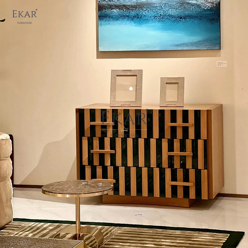 Modern Asymmetrical Stripe Hallway Cabinet Unique Glass Living Room Furniture with Ample Storage for Kitchen Use