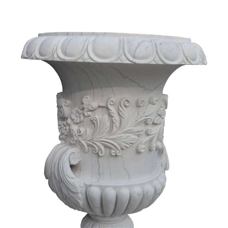 New Customization Garden decoration natural Unique design white Hand carved marble urns
