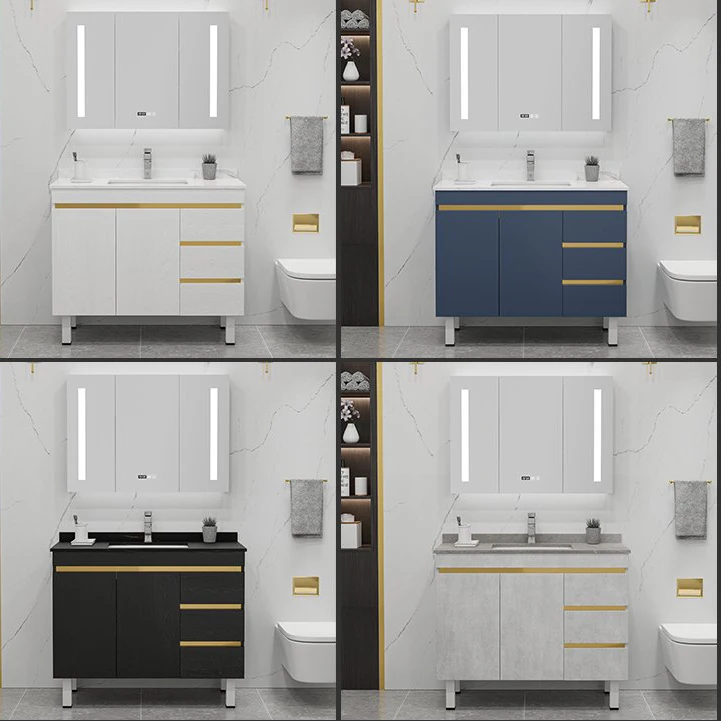 Hotel Washroom Furniture Luxury Solid Wood Floor Mount Bathroom Vanity Units Waterproof Bathroom Cabinet with Smart Mirror