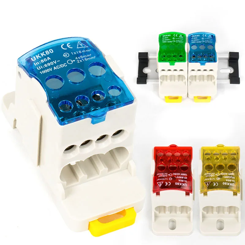 UKK80 electrical 1 in vele out wire connector high current junction box din rail screw terminal block with safety cover