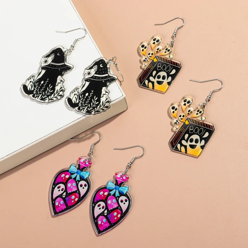 Wholesale Double Sided Print Resin Earring Scary Tombstone Halloween Ghost Skeleton Witch Castle Acrylic Fishhook Earrings Women