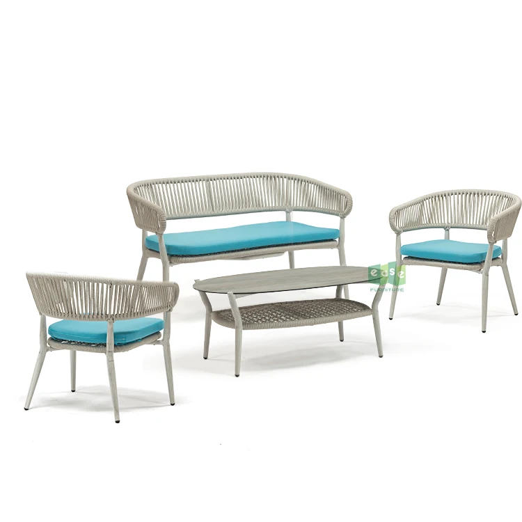 (E1169) Wholesale white rattan rope outdoor furniture garden sofa set with cushions