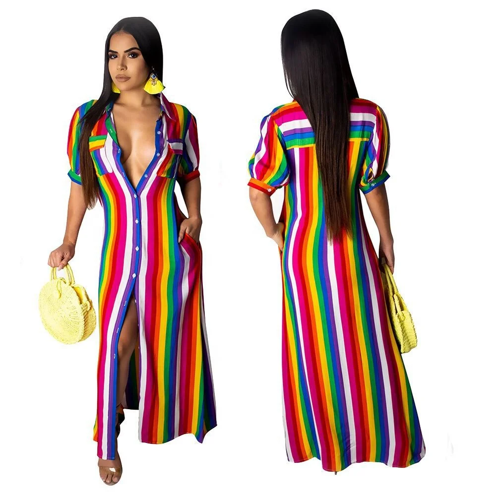 New Arrivals European Fashion Rainbow Colorful Printing Long Sleeve Maxi Skirt Women Casual Dress Big Size XXL Lady Clothes