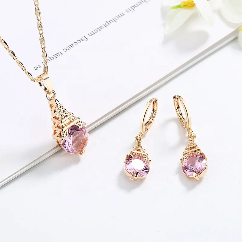 factory supply fashion accessory pink green white cubic zirconia  Eiffel Tower earrings and necklaces sets for women