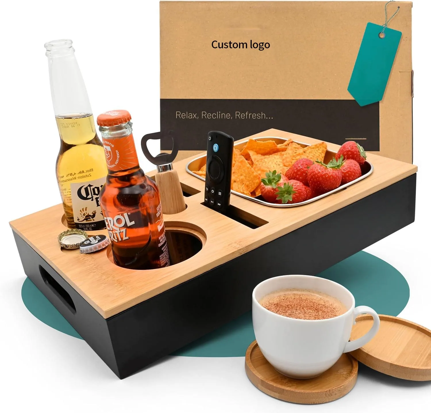 Hot Selling Eco Friendly Anti Slip Bamboo Couch Console Snack Organizer Tray With Bottle Opener