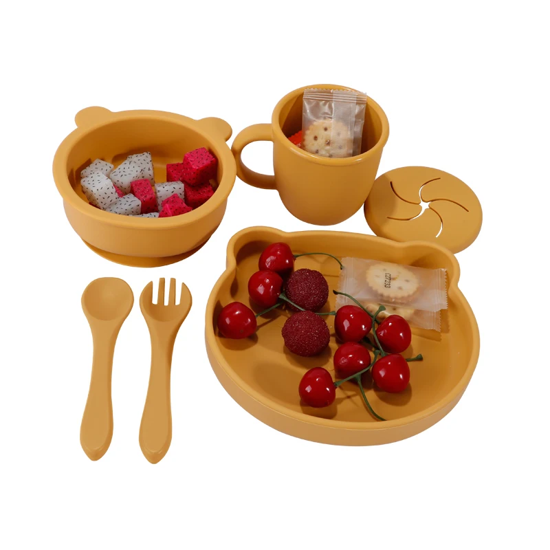Kids Suction Plate Bowl Bib Learning Cup Toddler Independent Feeding Training Soft Spoon Fork Dish Bear Feeding Set