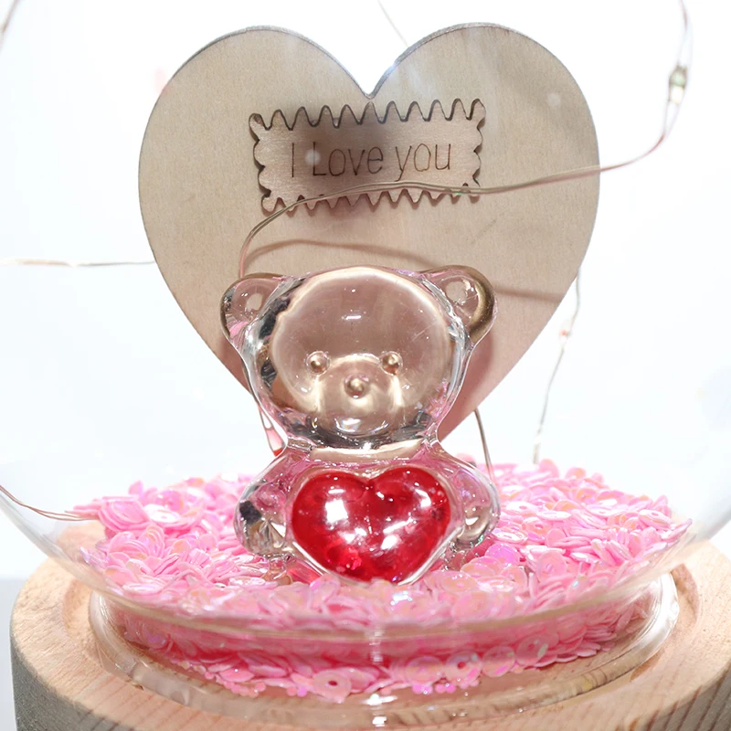 Led lights up wood holiday decoration bear heart glass dome cloche decor with wooden base