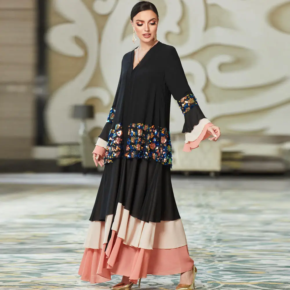 abaya women muslim dress turkey v-neck long sleeve embroidered cake skirt muslim women dress beaded shiny abaya