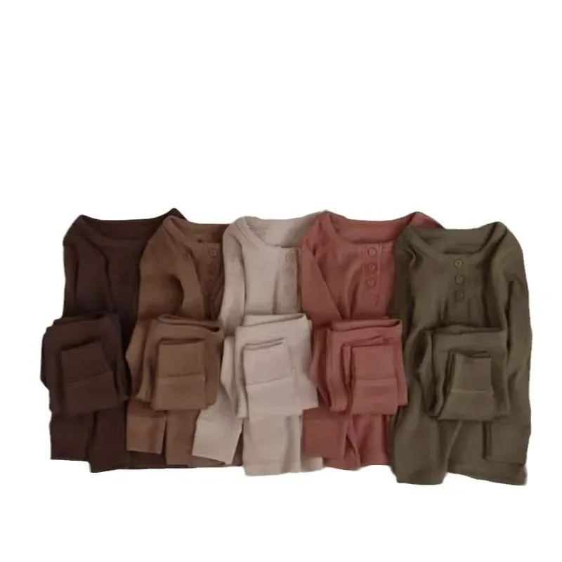 Spring Cotton Children Clothing for Boys and Girls with Solid Long Sleeved Top + Pants Two Piece Home Furnishing Babys Set