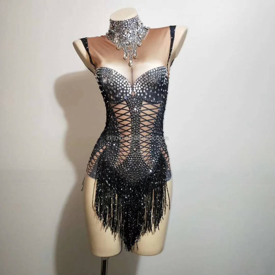 Women Jazz Dance Nude Stretch Bodysuit Outfit Fringes Rhinestone Jumpsuit Evening Show Sexy DJ Costume Wear Stage Costume