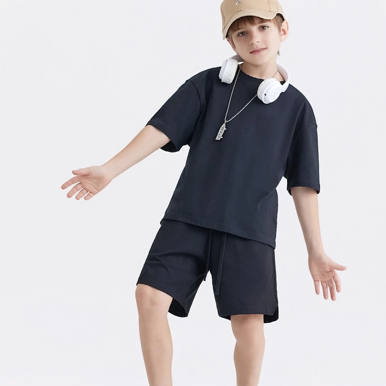 Custom logo kids short-sleeved tshirt shorts tracksuit 100% cotton children casual streetwear t-shirt sets