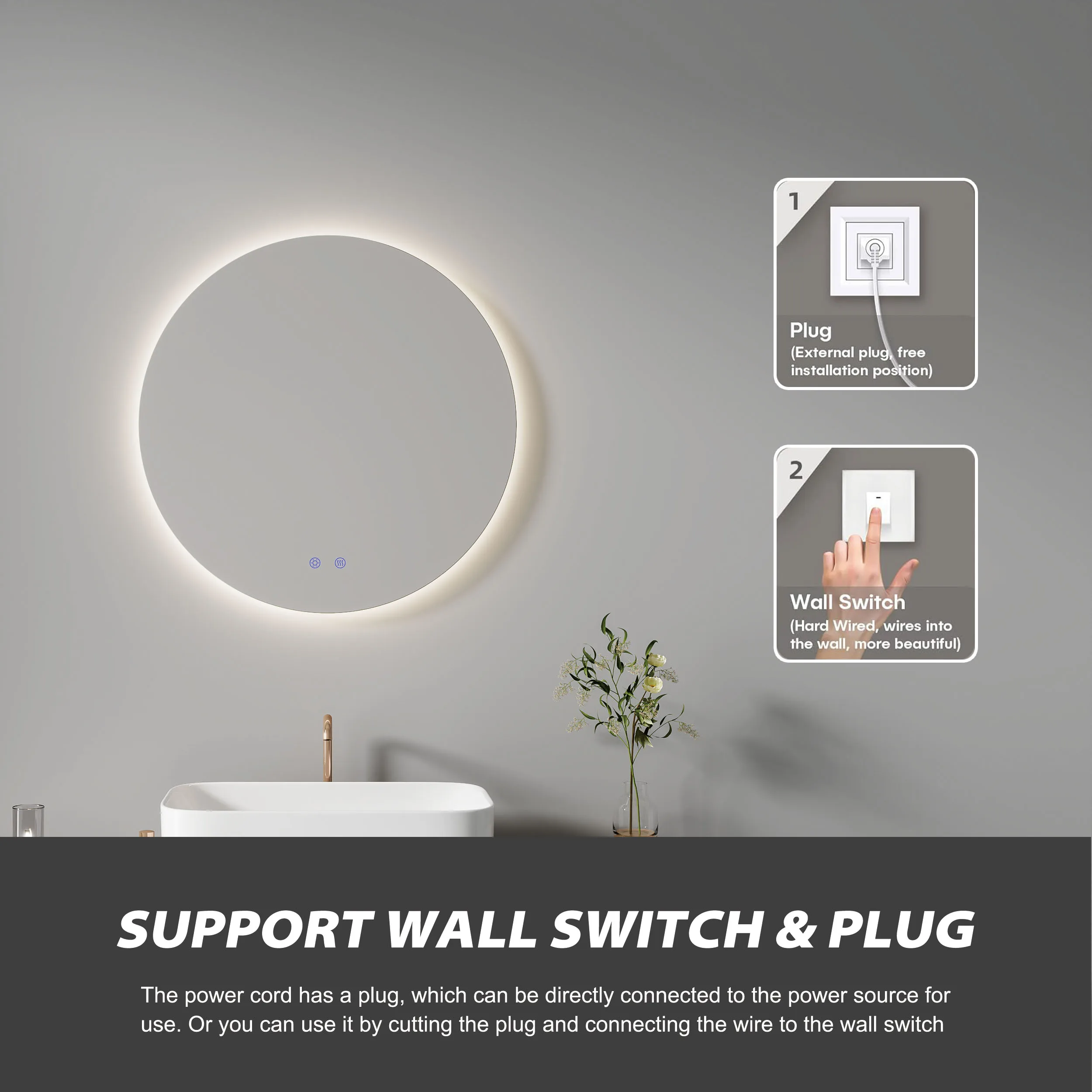 Stepless Dimmable Anti Fog 60cm Backlit Silver Smart Lighted Vanity With Lights Modern Round Led Round Bathroom Mirror 24 Inch