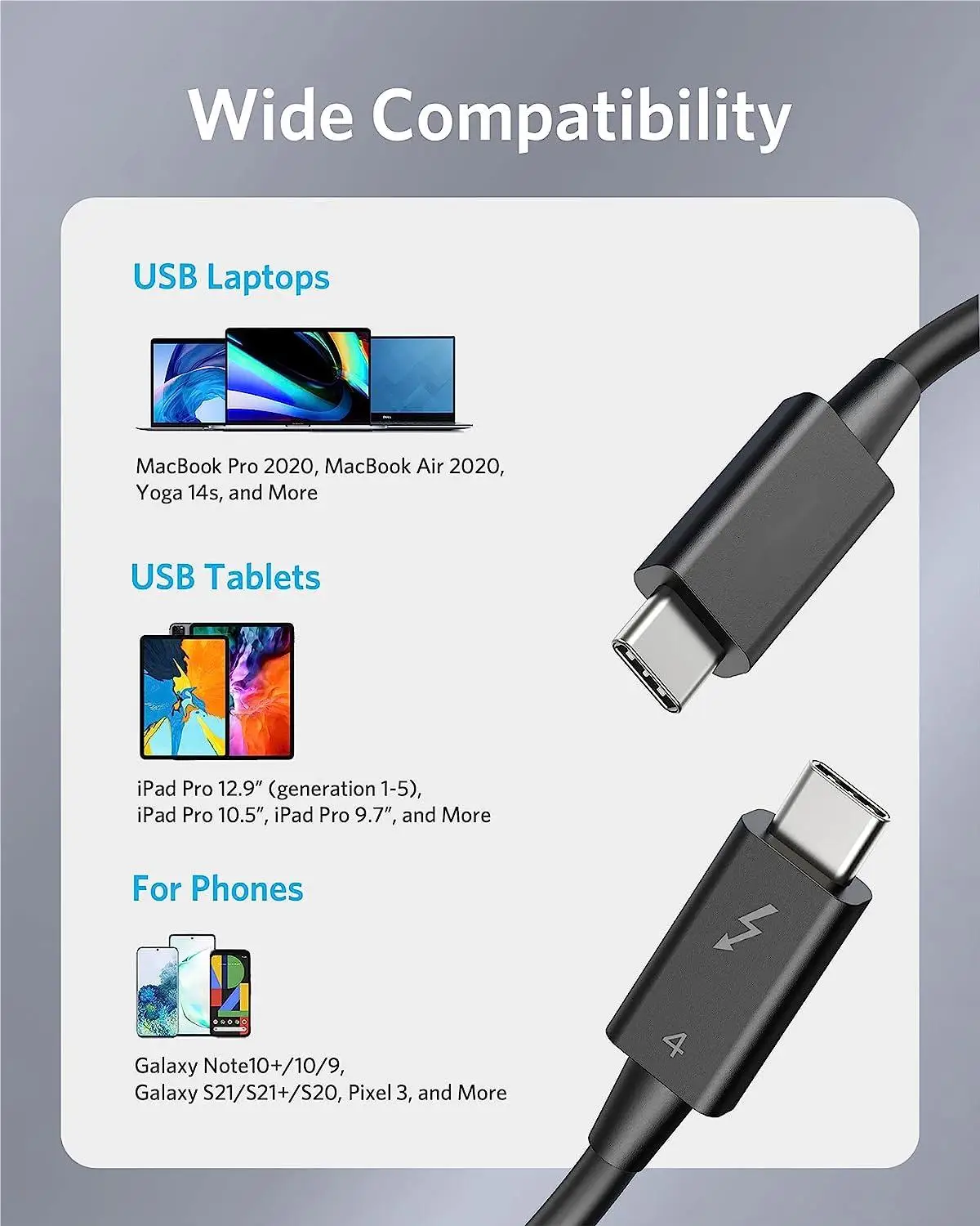 Thunderbolt Cable QGeeM Thunderbolt 3/4 20/40Gbps with Intel Certified Cable 5A 8K@60Hz USB 4 Compatible with More Type C Device