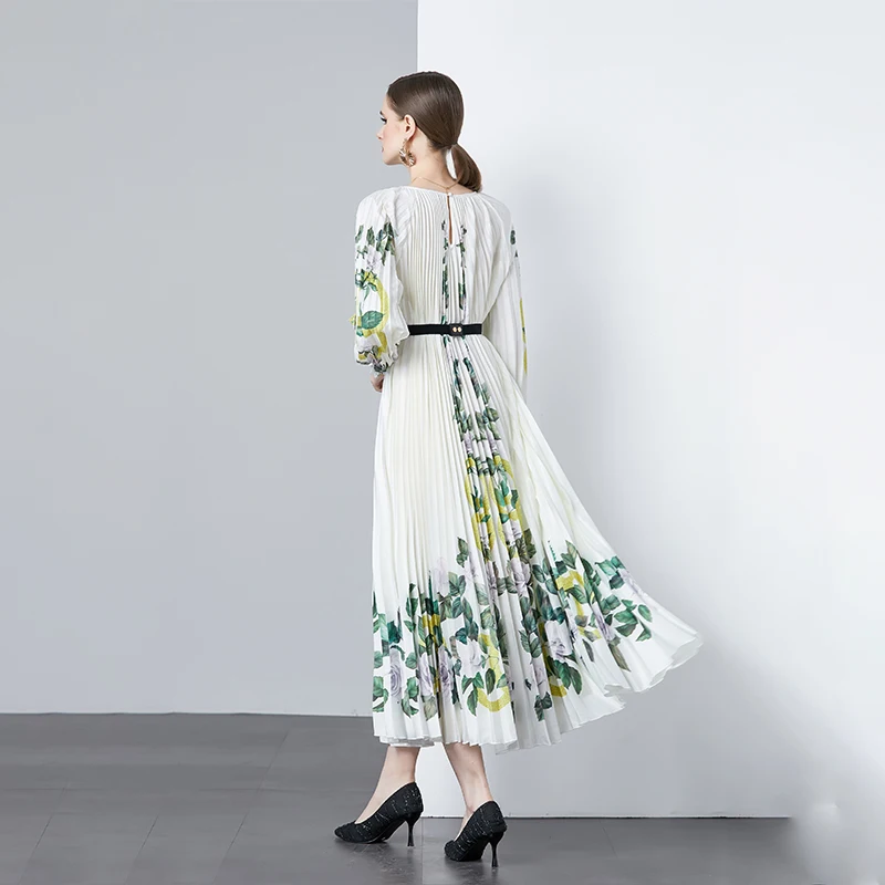 High-Quality Polyester Fabric Loose A-line Skirt with Elastic Waistband Printed Casual Midi Pleated Women Clothing Dress