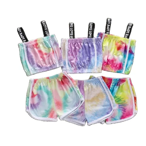 
2021 Fashion Toddler Girls Tie Dye Clothes Summer Children Love Print Sleeveless Vest Tops Shorts Casual Kids Tracksuits 