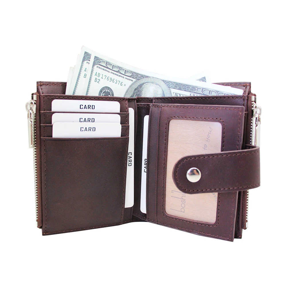 Factory Wholesale Vintage Genuine Leather Double Zippers Wallet With Removable Coin Purse Chain Men Bifold Wallet