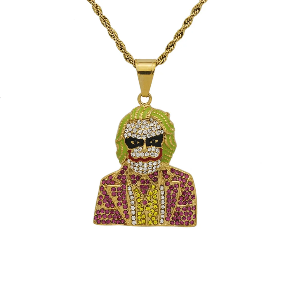 Europe and America hip hop clown necklace Fashion personality Stainless steel necklace temperament diamond pendant
