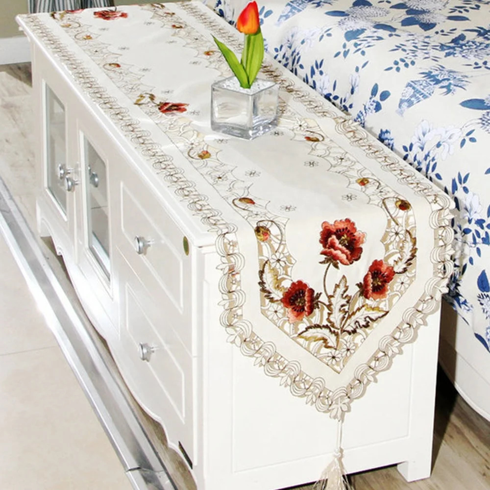 Nice delicate ready hotel cafe restaurant wedding dinning room rose embroidery flower table runner tablecloth chair cloth cover