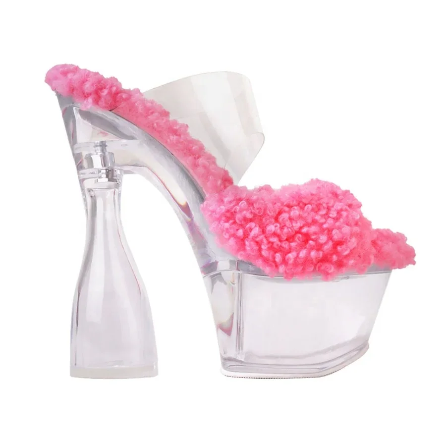 Anmairon New Arrivals Women Shoes 2023 Peep Toe Lamb Wool Clear PVC Glass Bowling Heel Women Platform Sandals