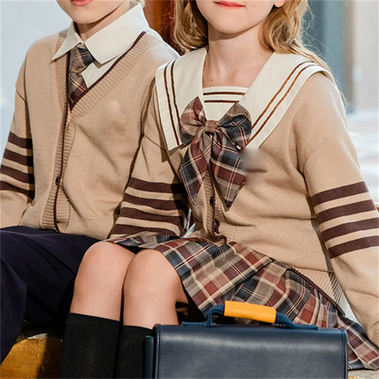 RG-Modern design 3 pieces set cardigan shirts and bottoms sets brown school uniform