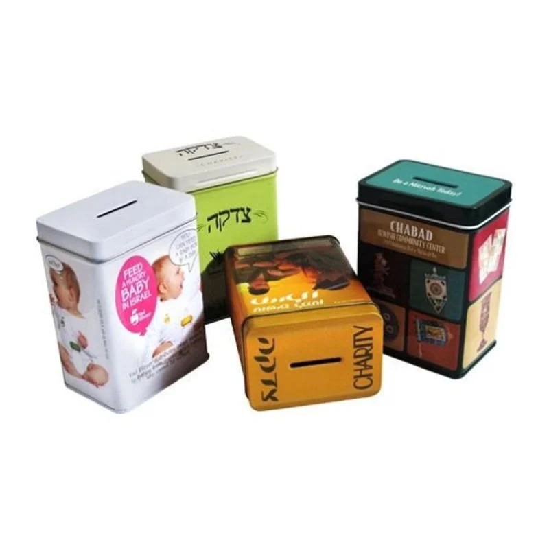 Customized printed cute metal tin charity donation box large empty coin bank square tin money box