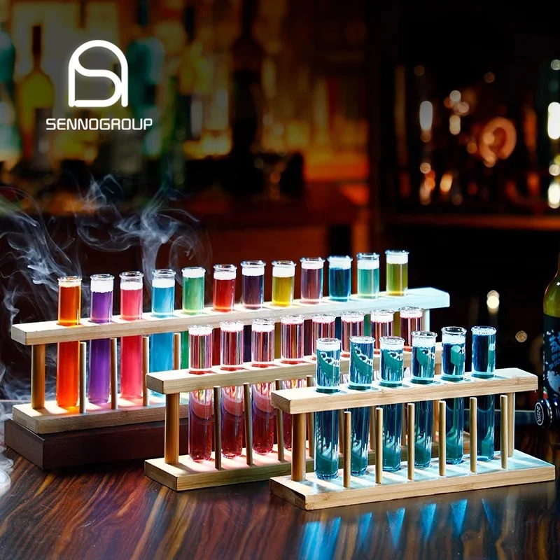 Bar Pool Party Test Tube Shot Glass Set Mini Small Drinking Vodka Whiskey Cocktail Glasses with Wooden Stand