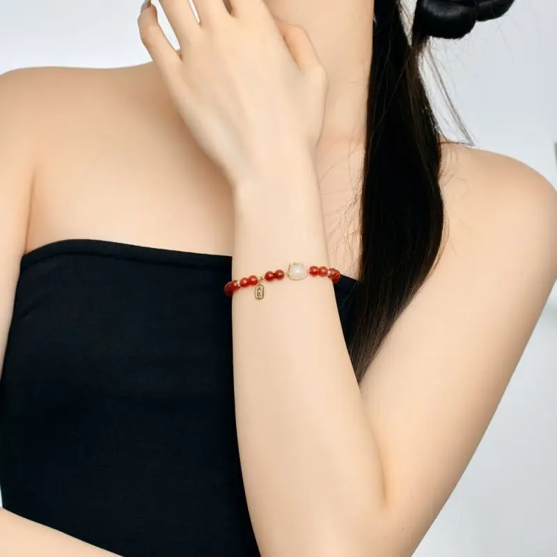 Dainty 925 Sterling Silver 18k Gold Plated Link Chain Fine Jewelry Chinese Zodiac Hetian Jade Dragon Red Agate Bracelet