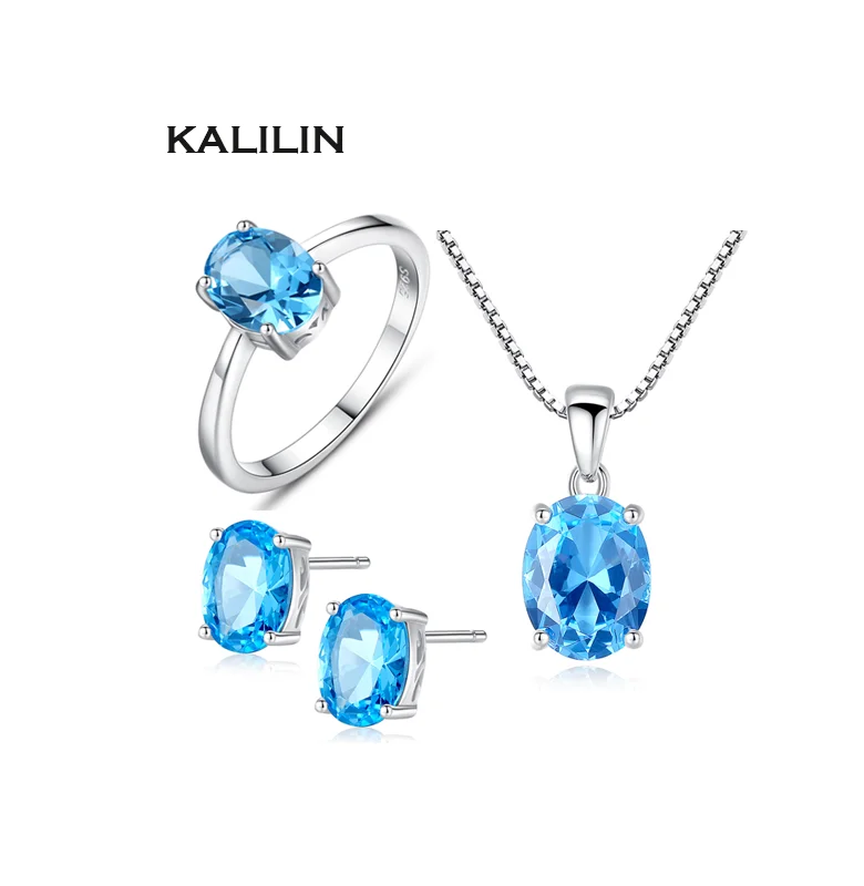 7*9mm oval blue topaz bridal jewellery sets 925 silver wedding sets for women