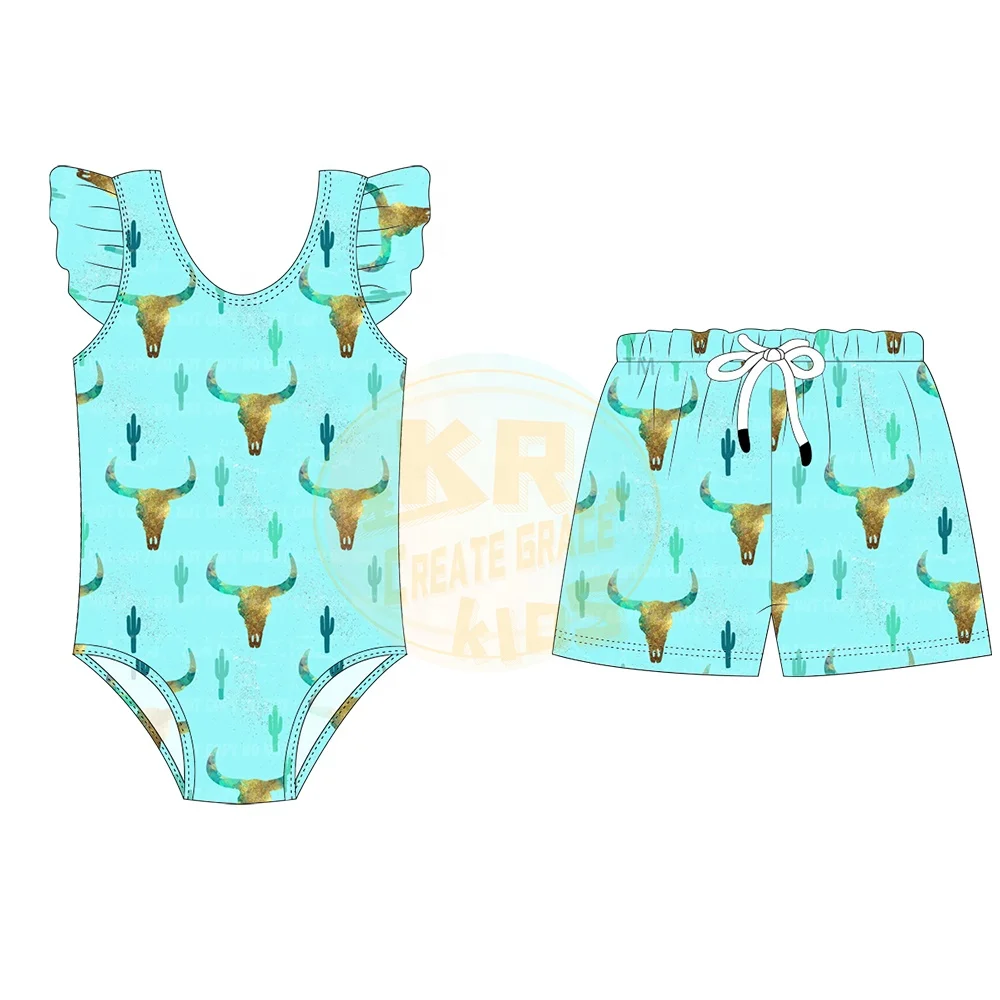 Factory Wholesale Baby Girls Vacation Butterfly Sleeve Backless Beach Wear+ boys  swim trunks Two piece swimwear for kids