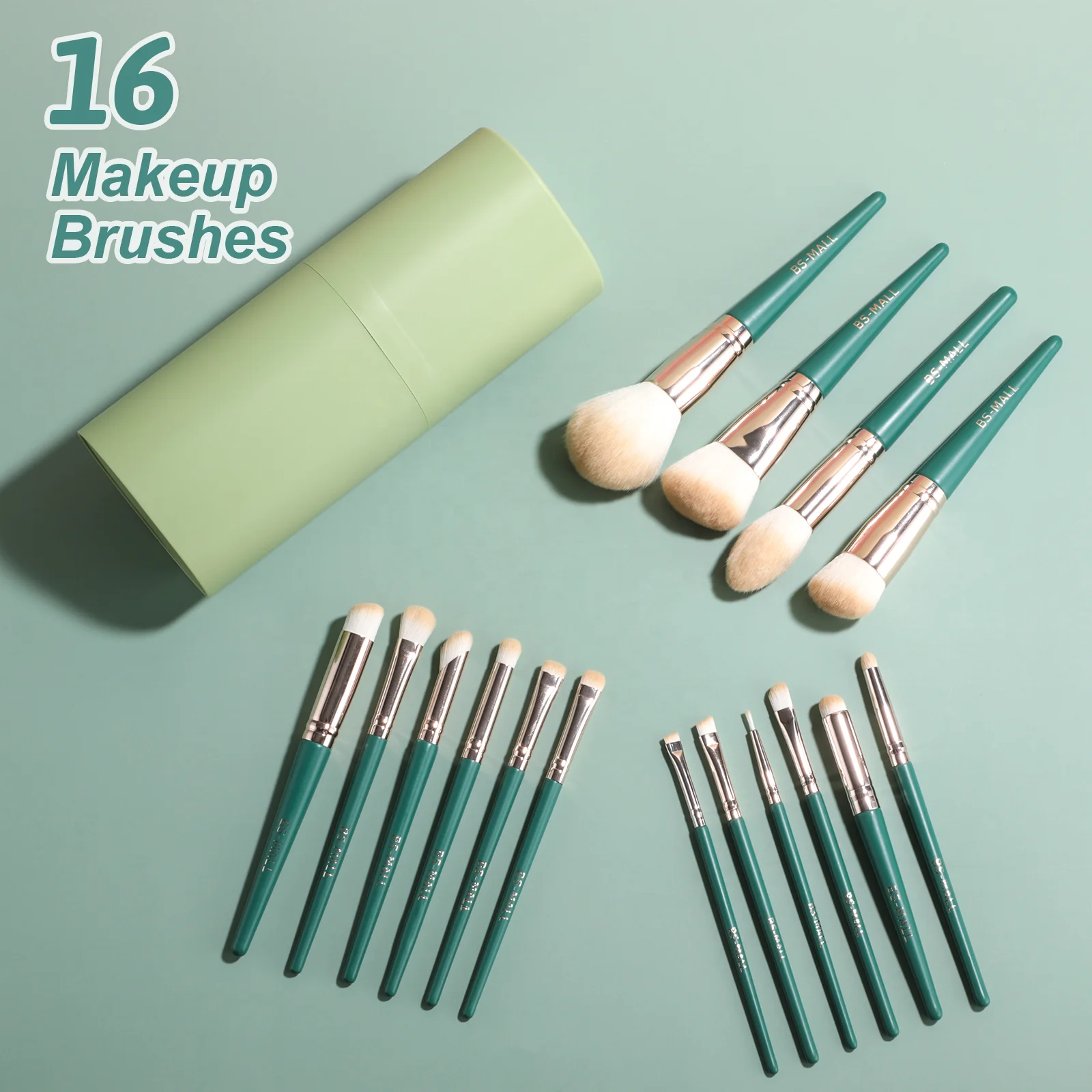 BS-MALL 16 Piece Long Handle Makeup Brushes  Private Label Green Vegan Custom Makeup Brush Packaging Box