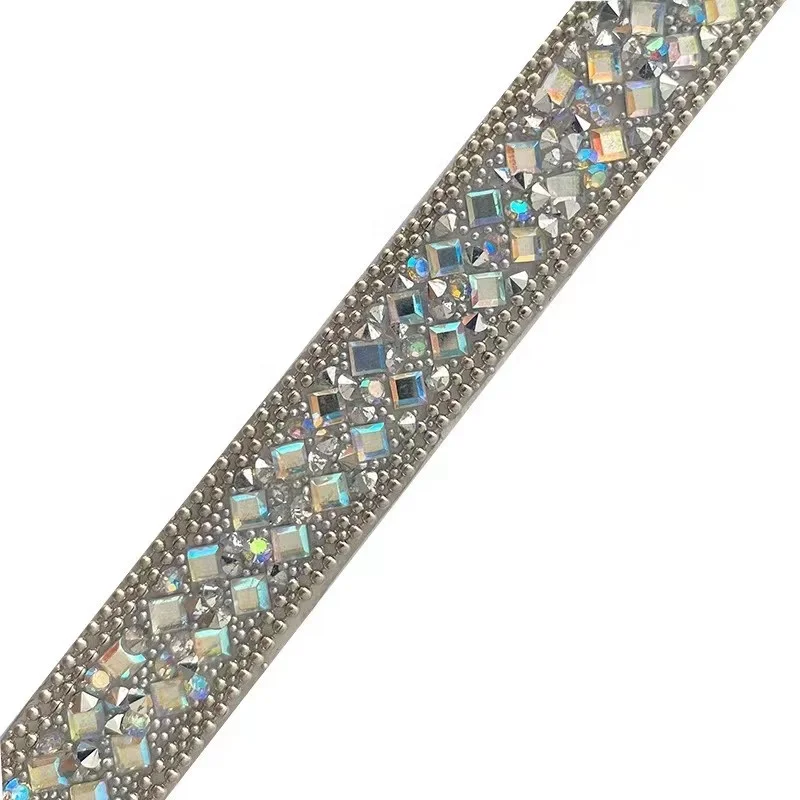 Custom gemstone decorative ribbon Hotfix iron on strass rope hot fix Rhinestone stripe for pant