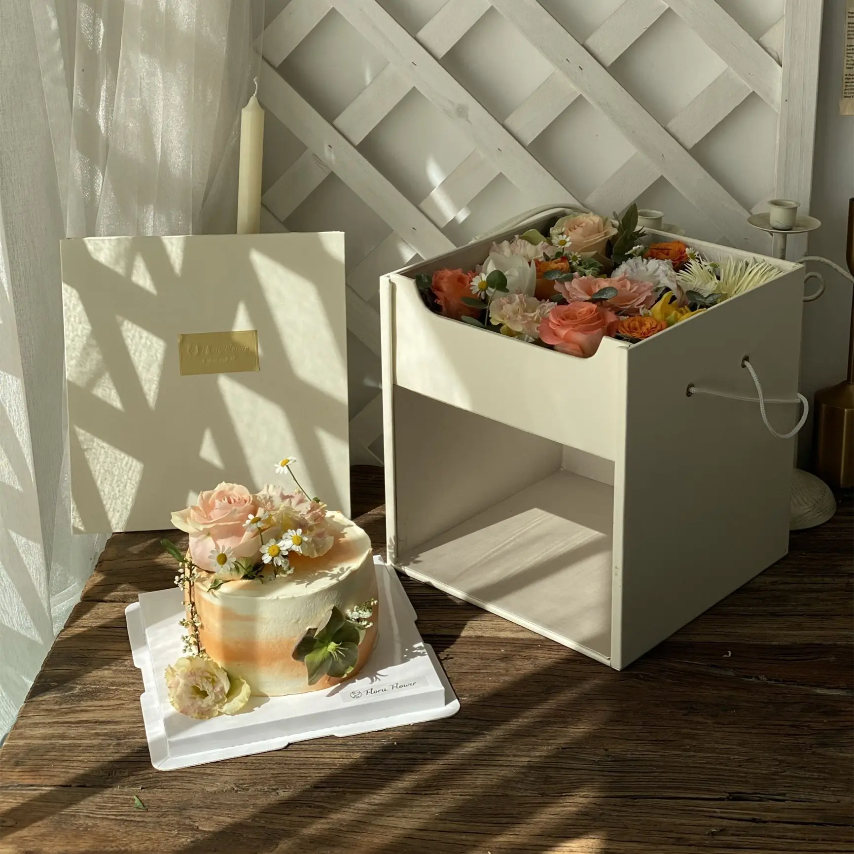 Fancy flower cake set box packaging 2 tiers gift box