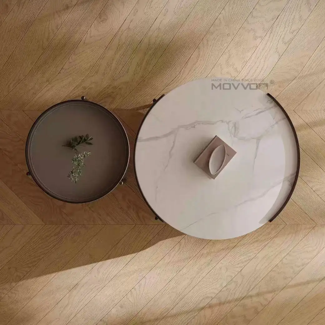 Italian round rock slab simple saddle leather solid wood living room home coffee table combination