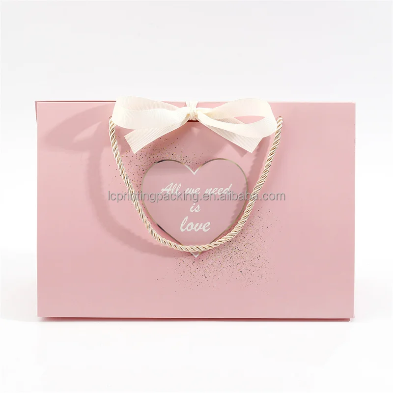 Luxury ribbon closure collapsible shopping paper bag pink wedding gift bags for guest favor 2024 new design