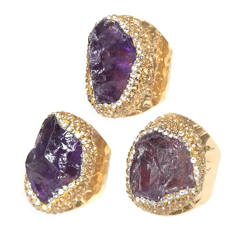 Trendy Women Ring Vermeil Emerald Amythst Citrine Target Diamond Natural Stone Quartz Cuff Adjustable Jewelry Wholesale