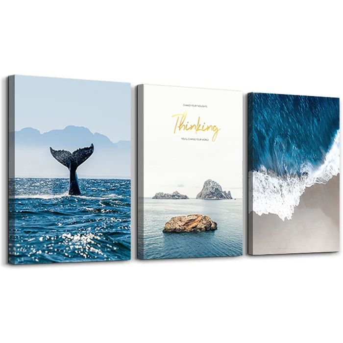 3 Panels Sea Beach Modern Seascape Pictures Stretched Canvas Prints for Living Room Bedroom Home Office Decorations