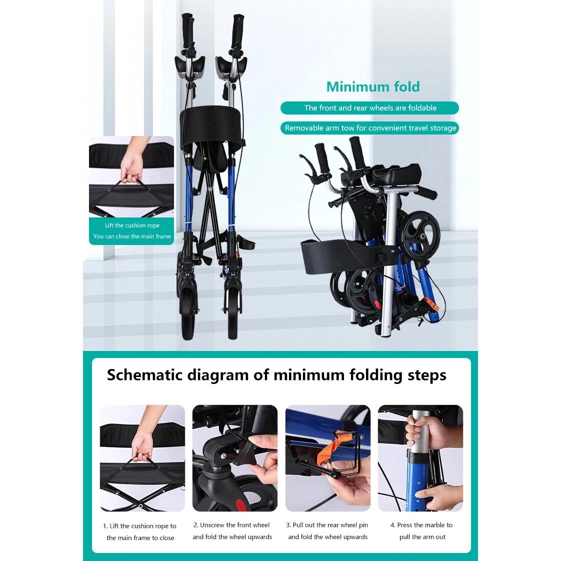 Portable Walking Crutch Disabled Walker Foldable Lightweight Adult Standing Walker With Wheels Walking Aids Frame